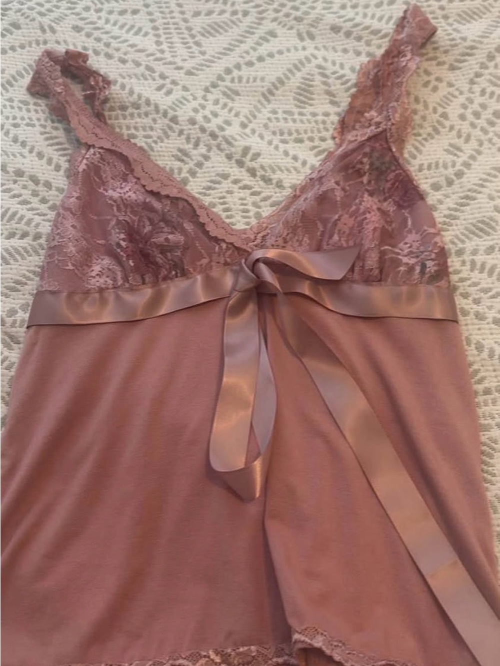 Lace-Trim Satin Ribbon Chemise in Dusty Rose